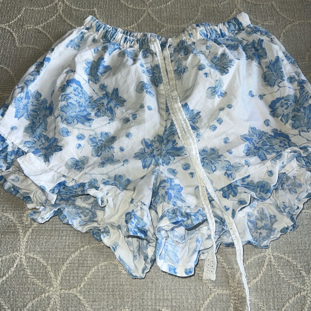 8 Oak Lane Womens Blue White Floral Drawstring Ruffled Hem Pajama Shorts XS/S